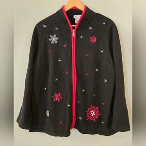 Vintage Carroll‎ Reed Christmas Zipped Sweater Black, Snowflakes, Size L